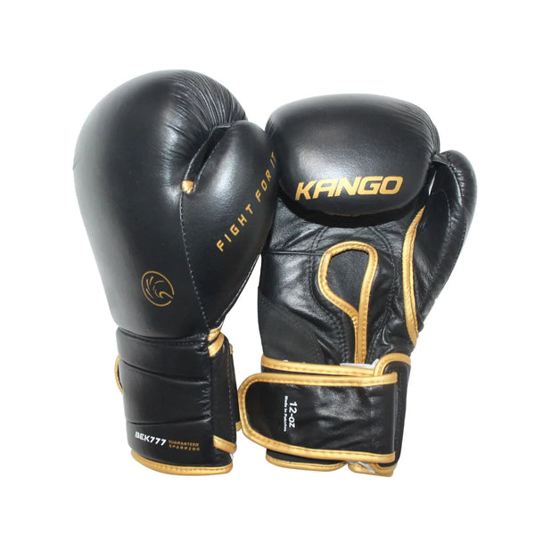 Kango Martial Arts Unisex Adult Black Golden Leather Boxing Gloves + 3 Meters Bandage WS