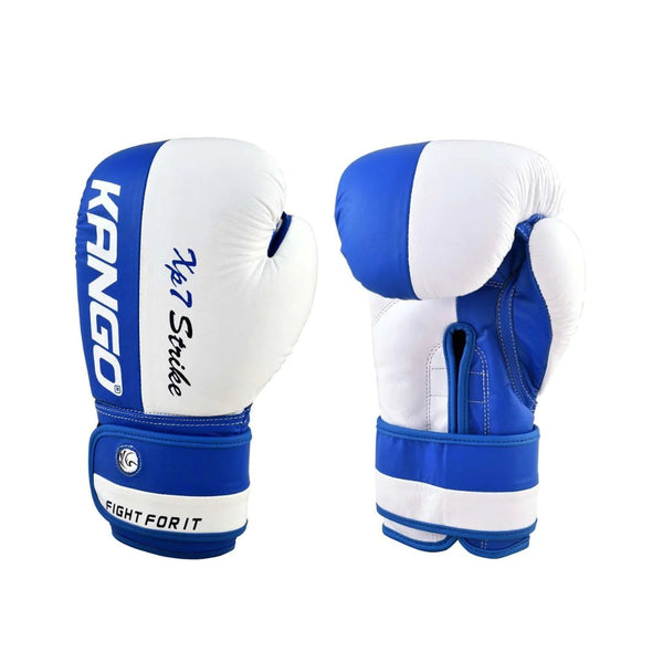 Kango Martial Arts Unisex Adult Blue White Leather Boxing Gloves + 3 Meters Bandage WS