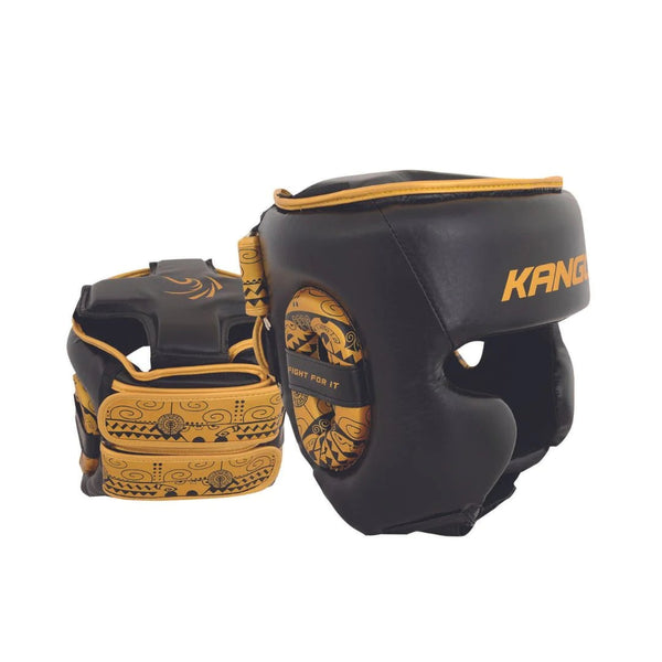 Kango Martial Arts Unisex Adult Black Golden Leather Head Guard WS