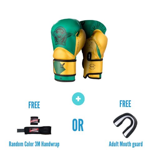 Wolon Martial Arts Unisex Adult Green Yellow Leather Boxing Gloves + 3 Meters Bandage or Mouth Guard WS