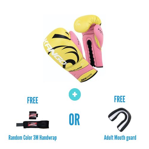 Kango Martial Arts Unisex Adult Yellow Pink Leather Boxing Gloves + 3 Meters Bandage or Mouth Guard WS