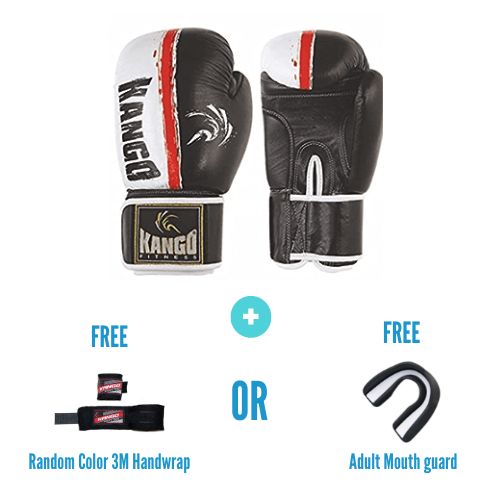 Kango Martial Arts Unisex Adult Black White Leather Boxing Gloves + 3 Meters Bandage or Mouth Guard WS