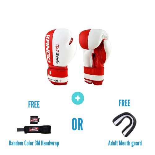 Kango Martial Arts Unisex Adult Red White Leather Boxing Gloves + 3 Meters Bandage + 3 Meters Bandage or Mouth Guard WS